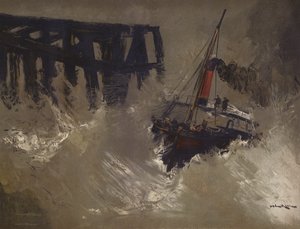 Ship battling big waves by English School