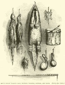 Sioux Indian Tobacco Bags, Mystery whistle, rattles, and drum by English School