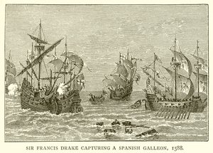 Sir Francis Drake capturing a Spanish Galleon, 1588 by English School