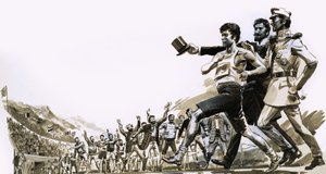 Spiridon Loues winning the Olympic marathon with two Greek princes escorting him