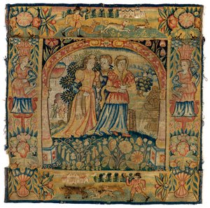 Tapestry cushion cover depicting Susannah on her way to the bath by English School