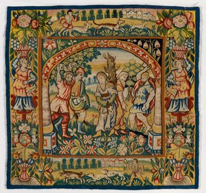 Tapestry cushion cover depicting The Stoning of Elders by English School