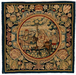 Tapestry Cushion Cover Depicting the Flight into Egypt, Made Possibly in Sheldon, England, Early 17th Century by English School