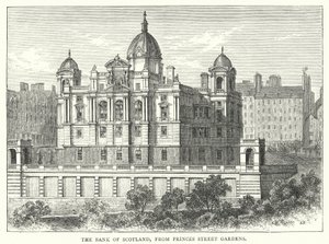 The Bank of Scotland, from Princes Street Gardens (engraving) by English School