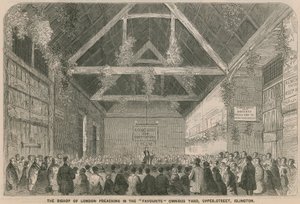 The Bishop of London preaching in the favourite omnibus yard, Upper Street, Islington