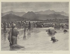 The Chitral Expedition, fording the Swat River, looking North; Village of Chatedarra in the Background by English School