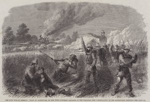 The Civil War in America, Fight at Hainsville, on the Upper Potomac, Advance of the Wisconsin Men (Federalists) on the Secessionist Position by English School