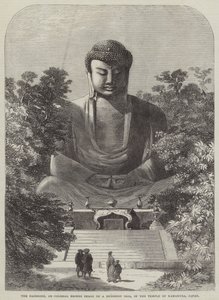 The Daiboodh, or Colossal Bronze Image of a Buddhist Idol, in the Temple of Kamakura, Japan by English School