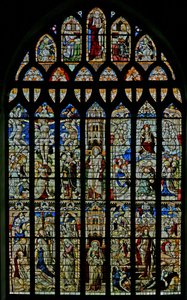 The East window depicting the Crucifixion, the Deposition, the Resurrection and the Ascension by English School