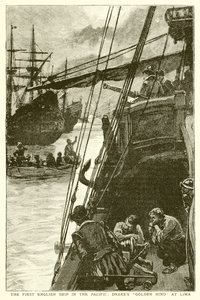 The First English Ship in the Pacific: Drakes Golden Hind at Lima by English School