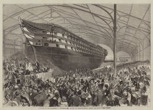 The Launch of the Marlborough at Portsmouth on 31 July, the Mastershipwright Handing the Bottle to Her Majesty by English School