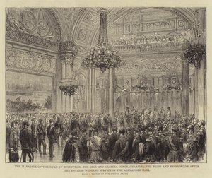 The Marriage of the Duke of Edinburgh, the Czar and Czarina congratulating the Bride and Bridegroom after the English Wedding Service in the Alexander Hall by English School