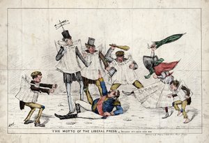 The Motto of the Liberal Press, showing Napoleon III being assaulted by the British press by English School