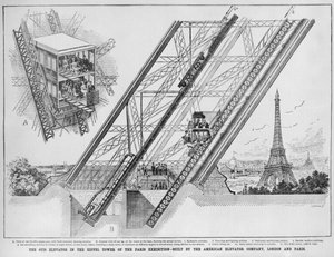The Otis Elevator in the Eiffel Tower, built by the American Elevator company, Paris and London, 1889 by English School