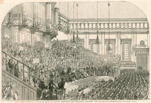 The Peace Congress in Exeter Hall, Sir David Brewster, the President, Reading the Inaugural Address by English School