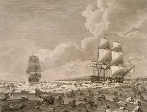 The Racehorse and Carcass forcing through the ice, August 10th 1773, from A Voyage Towards the North Pole Undertaken by His Majestys Command 1773, published London 1774 by English School