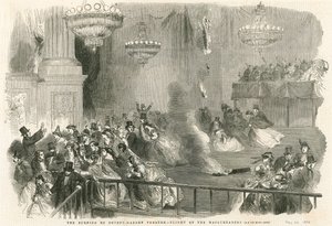 The burning of Covent Garden Theatre, London - flight of the Masqueraders by English School