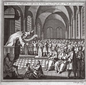 The description of a Popish priest, who when he had taken away the Glory and office of Christ, fell down suddenly and died, illustration from Foxe