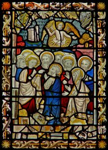 The east window depicting Apostles gathering for the Funeral of the Virgin Mary