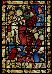 The east window depicting Christ disrobed for the Crucifixion; casting lots by English School