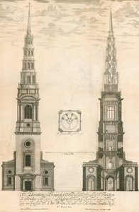 The elevation and prospect of the west end of the steeple of St Brides church in Fleet Street, London by English School