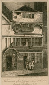 The entrance to a Jewish Synagogue in Leadenhall Street, London, formerly Bricklayers Hall