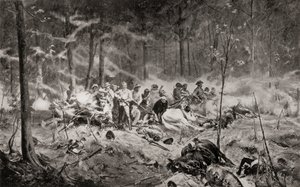 The last stand of Major Allan Wilson on the Shangani River, Matabeleland, during the First Matabele War in 1893, after the painting by Allan Stewart, from 
