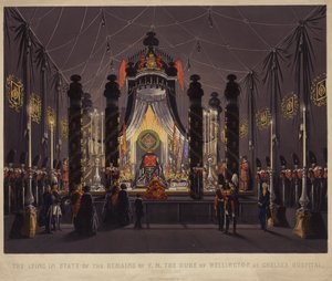 The lying in state of the remains of F M The Duke of Wellington at Chelsea Hospital, November 1852 by English School