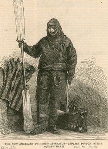 The new American swimming apparatus - Captain Boyton in his aquatic dress by English School