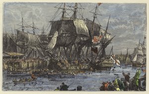 The people of Boston throwing the tea overboard by English School