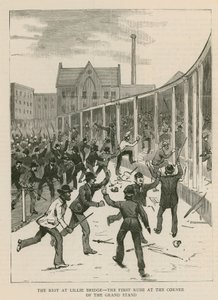The Riot at Lillie Bridge, London: The First Rush at the Corner of the Grand Stand by English School