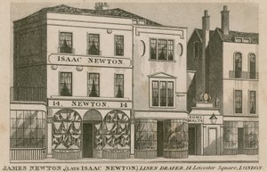 The shop front of Isaac Newton, linen draper of 14 Leicester Square, London by English School