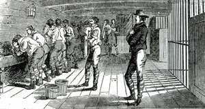 The washing room below decks - condemned trade unionists being transported to Australia, illustrated in The Martyrs of Tolpuddle, published by Trades Union Congress, 1834 by English School