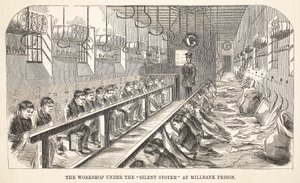 The workshop under the Silent System at Millbank Prison, illustration from The Criminal Prisons of London and Scenes from Prison Life by Henry Mayhew and John Binny, pub. 1862 by English School