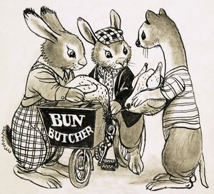 Three bunnies with dead chickens