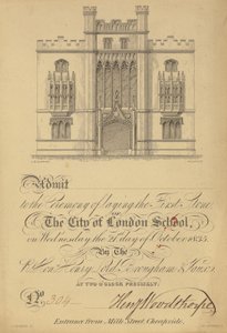 Ticket for the Laying of the First Stone of the City of London School, 21 October 1835 by English School