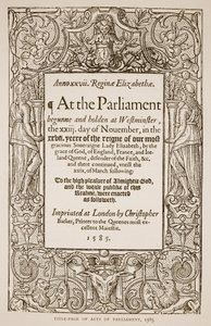 Title page of Acts of Parliament, printed by Christopher Barker, 1585 by English School