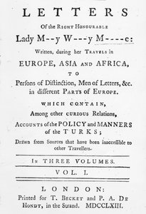 Titlepage to Letters of the Right Honourable Lady Mary Wortley Montagu, written during her travels in Europe, Asia and Africa, published in 1763 by English School