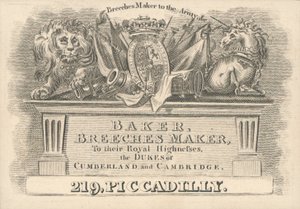 Trade Card, Baker, Breeches Maker by English School