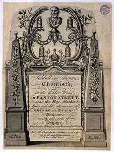 Trade card for Siddall and Swann, Chemists, at the Golden Head, Panton Street, London by English School