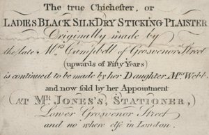 Trade Card, the True Chichester, or Ladies Black Silk Dry Sticking Plaister by English School