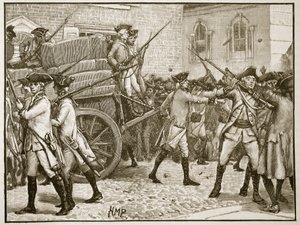 Troops escorting the stamped paper to the City Hall, New York, 1766, illustration from Cassell