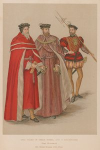 Two Peers in Their Robes and a Halberdier in the Elizabethan Era by English School