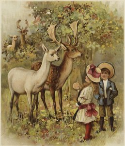 Two Young Children Feeding the Deer in a Park by English School