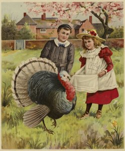 Two Young Children Standing Beside a Turkey by English School
