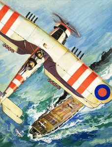 Unidentified Bi-Plane Flying Over an Aircraft Carrier