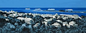 Unidentified coastline with village and boats on horizon by English School