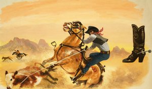 Unidentified cowboy roping cattle
