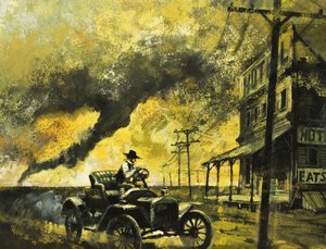 Unidentified driver of car with tornado in background