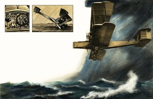 Unidentified Early Biplane Flying Over Stormy Seas by English School